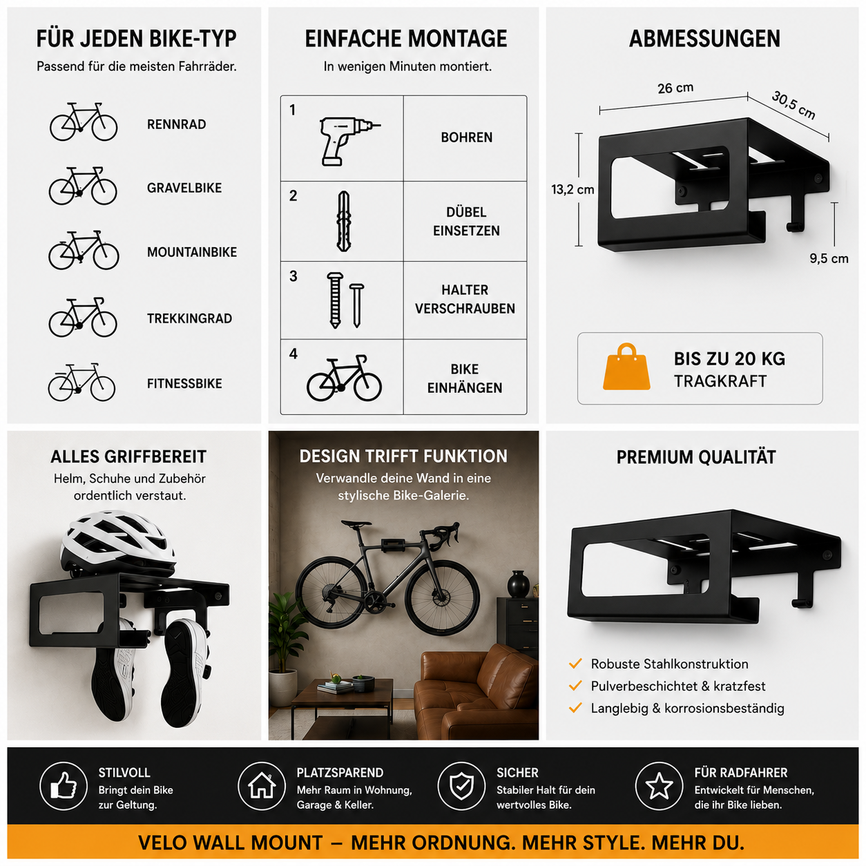 CYVORI Velo Wall Mount – Fahrrad Wandhalterung mit Helmhalter | Stahl