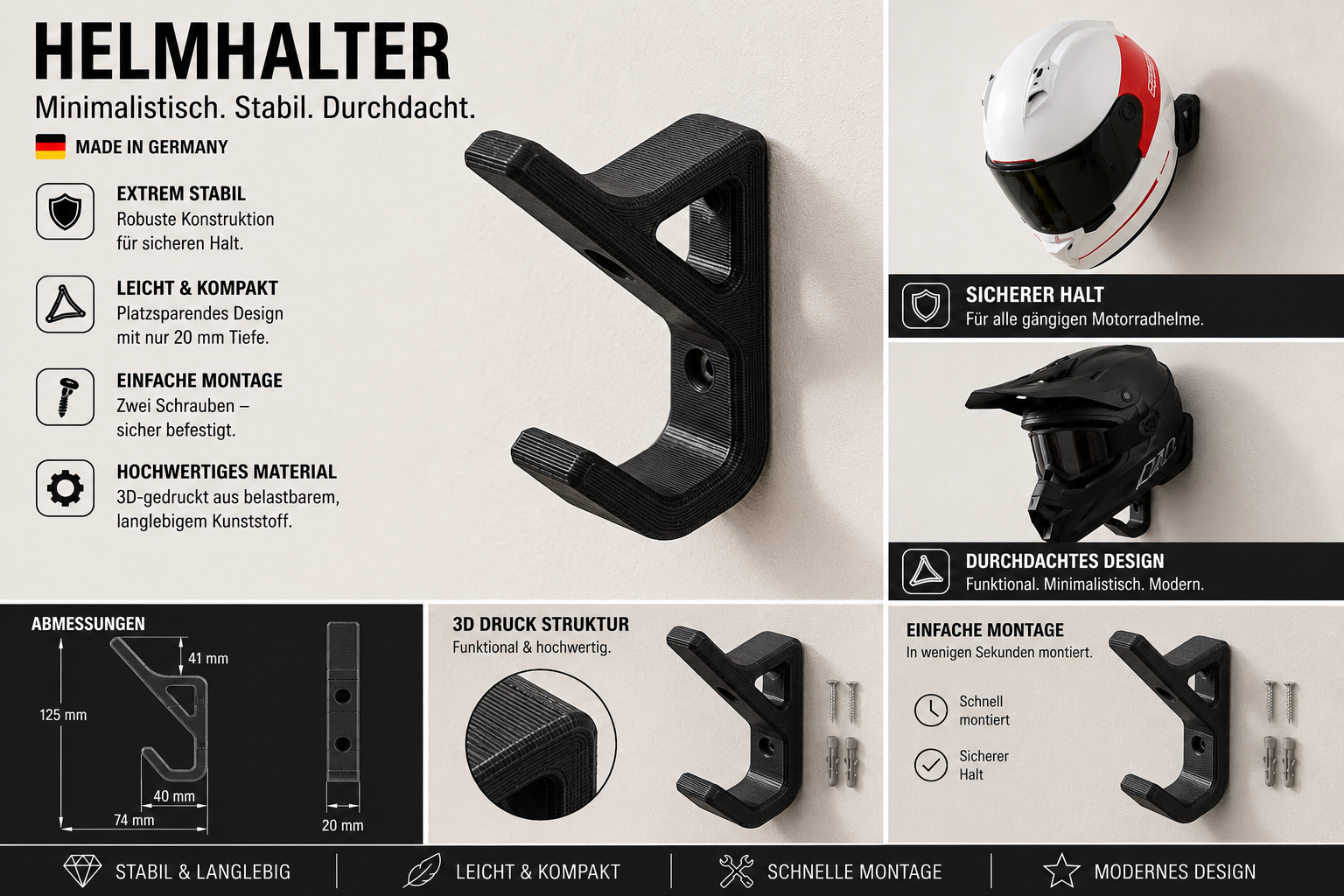 CYVORI Helmhalterung – Motorradhelm Wandhalter | 3D-Druck, Made in Germany