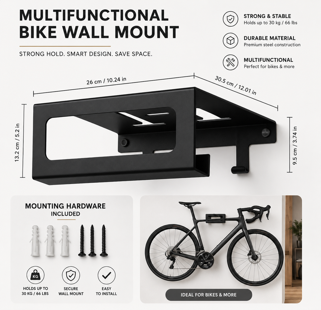 CYVORI Velo Wall Mount – Fahrrad Wandhalterung mit Helmhalter | Stahl